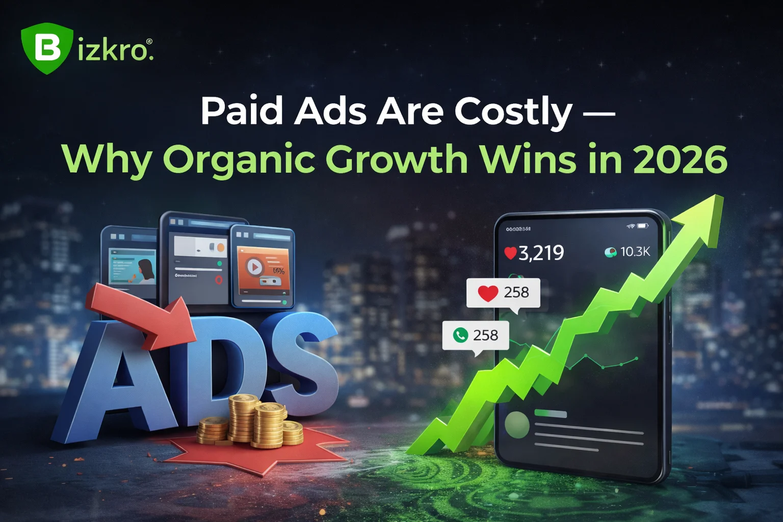 Comparison of paid advertising and organic social media growth showing why organic growth is more effective for businesses in 2026