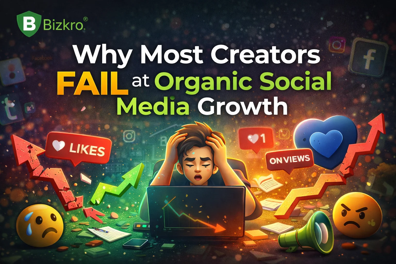 Frustrated content creator struggling with organic social media growth, declining engagement, low likes and views on Instagram, Facebook and YouTube