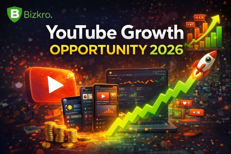 YouTube Growth Opportunity 2026 showing organic YouTube growth strategy, analytics, and upward trends by Bizkro YouTube marketing experts