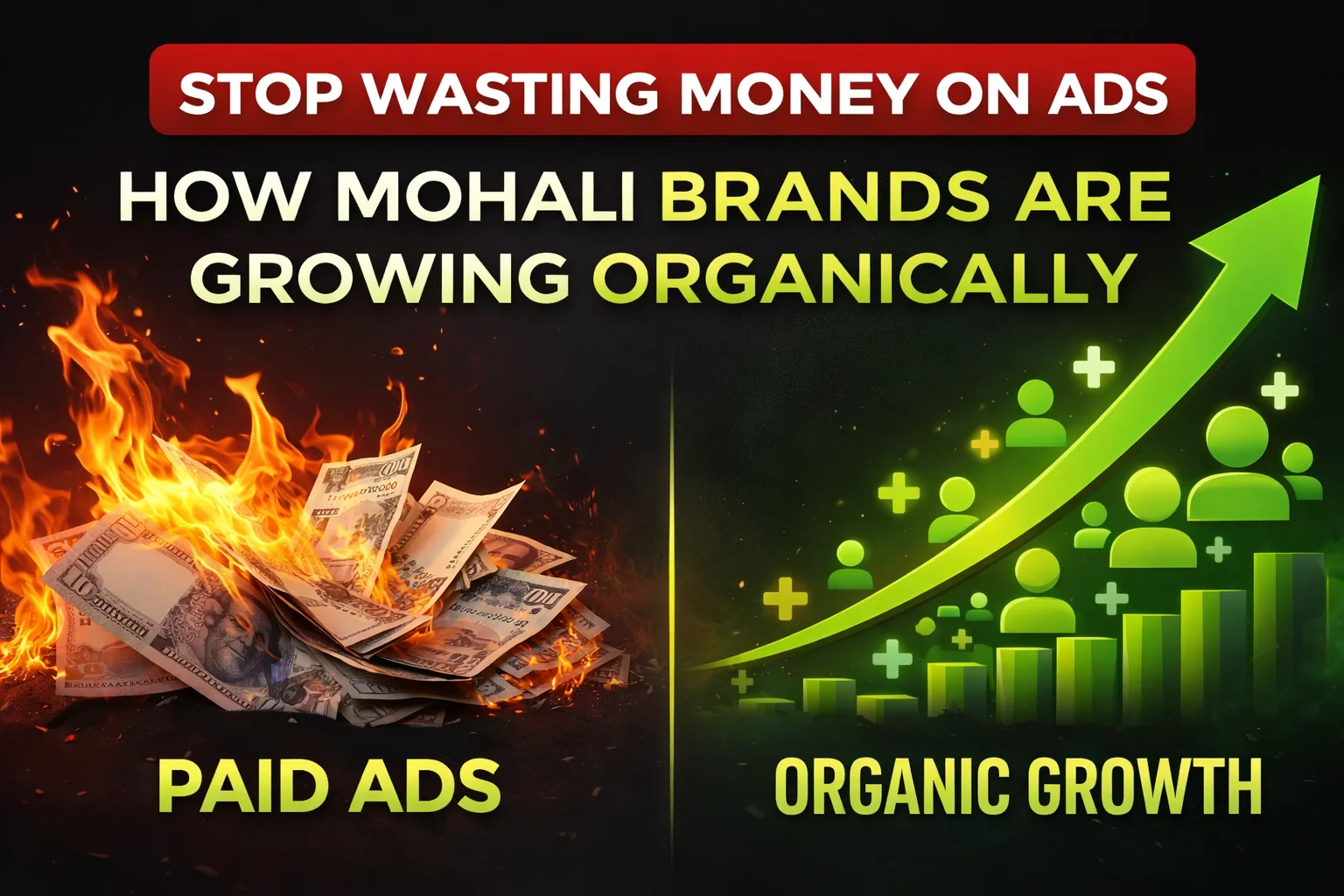 Organic growth strategy explained by a social media marketing agency in Mohali showing paid ads vs organic social media growth for businesses in 2026.