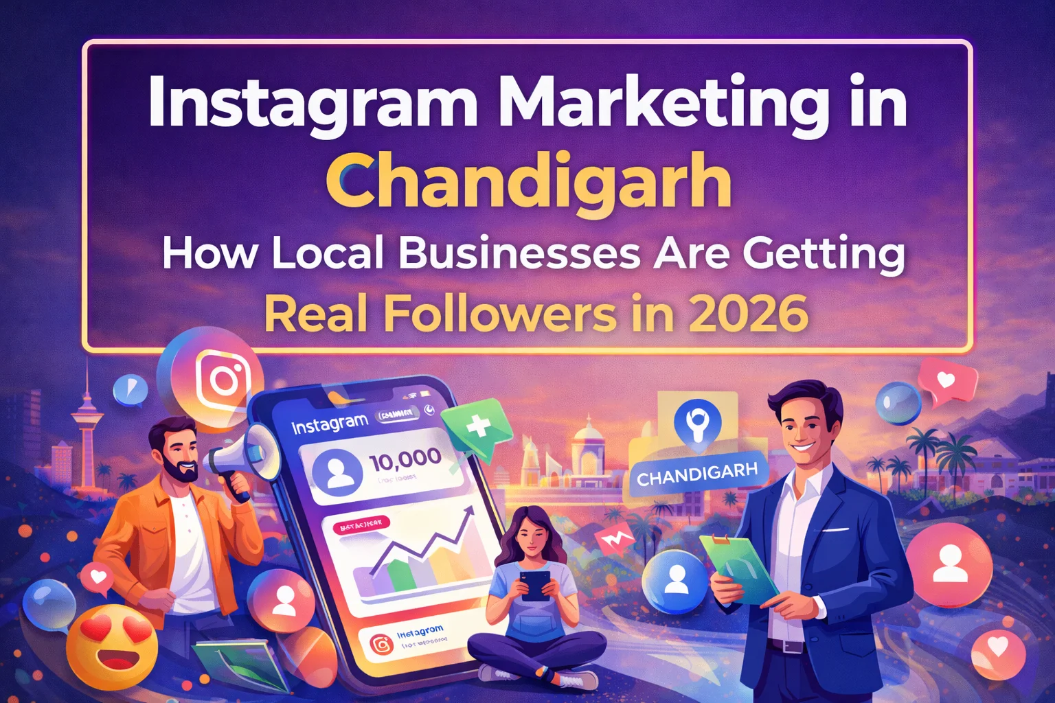 Instagram marketing Chandigarh concept image showing local businesses growing real followers through social media strategies in 2026